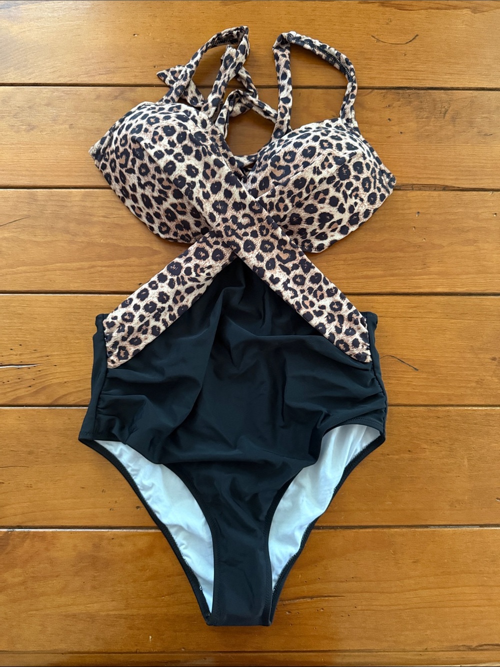 Leopard Print & Black Crisscross One-Piece Swimsuit